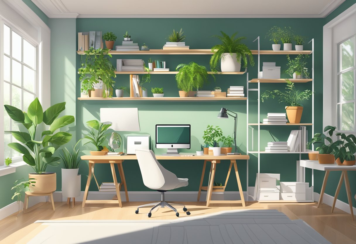 A bright, organized home office with a large desk, ergonomic chair, natural light, and green plants. Shelves and storage for supplies and a clean, clutter-free workspace