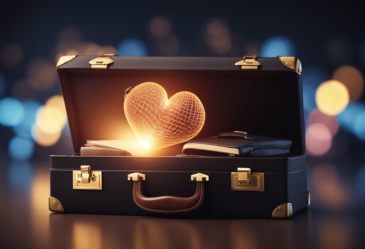 A person's heart and a briefcase merging into one, with passion leading the way in the form of a glowing light