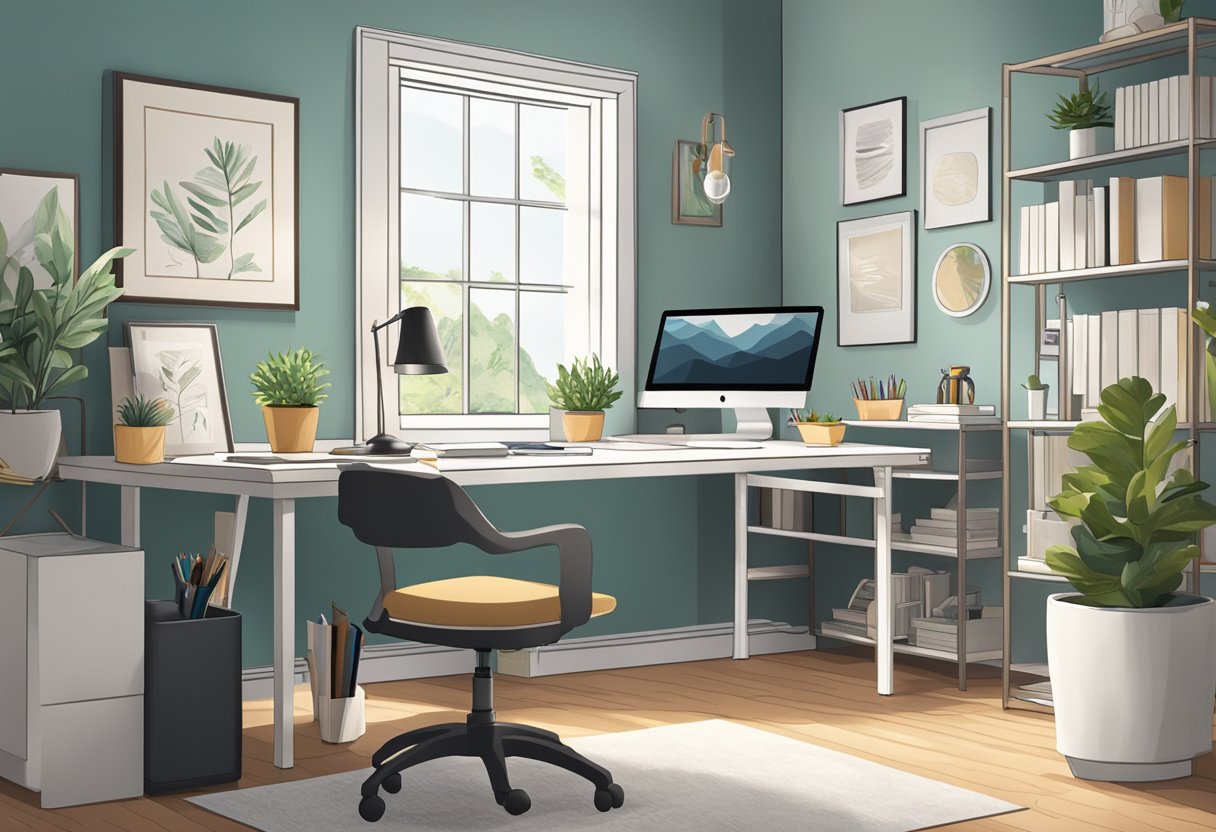 A well-lit, organized home office with a comfortable desk and chair, a clutter-free environment, and a motivational wall art