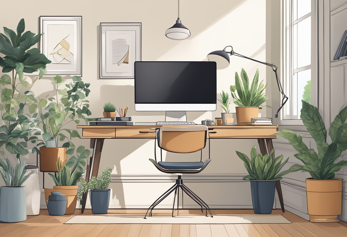 A well-lit, organized home office with ergonomic furniture, plants, and calming decor. A clutter-free desk with a computer, notebooks, and a cozy chair