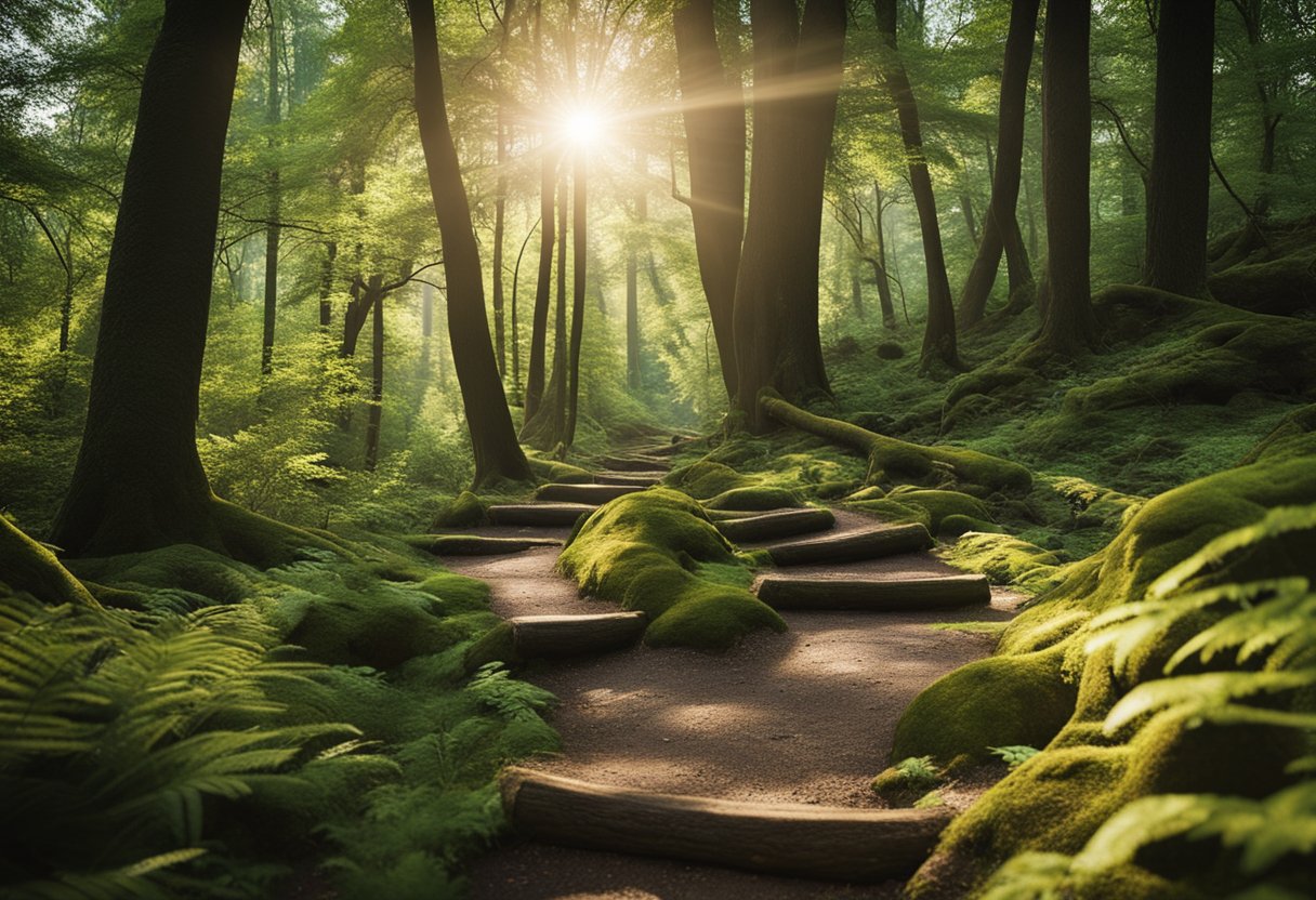 A winding path leads through a dense forest, with fallen trees and boulders creating obstacles. Sunlight filters through the canopy, illuminating the way forward